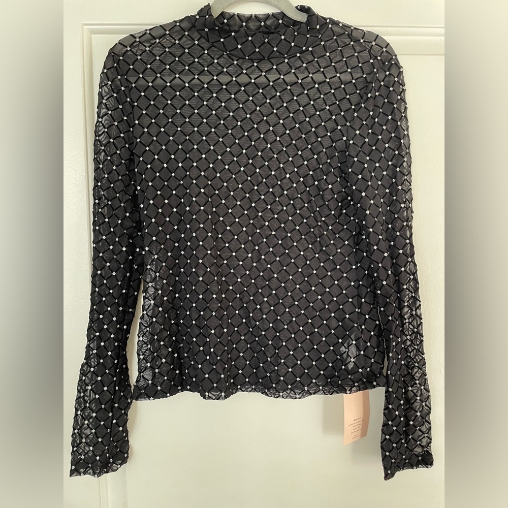 SHEIN Black Sheer Diamond Pattern Blouse
